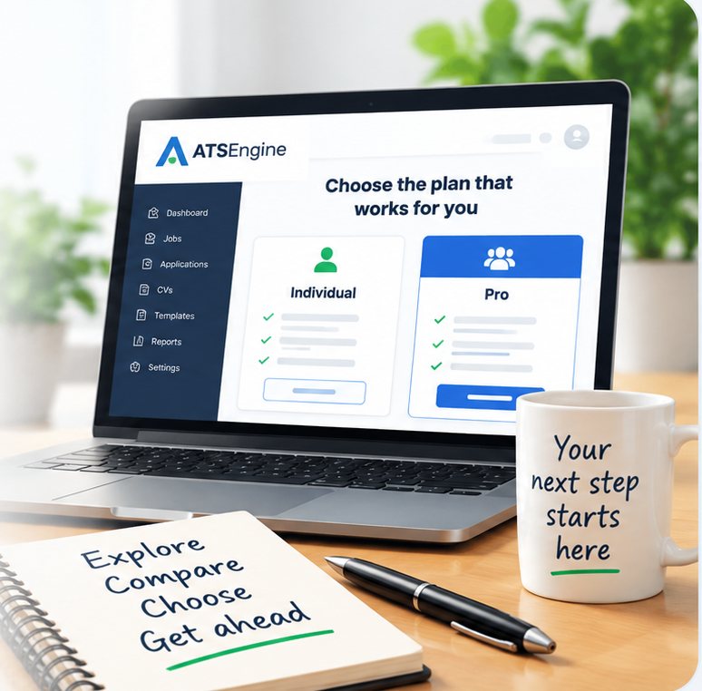 A laptop showing the ATS Engine plan chooser with Individual and Pro side by side, beside a notebook reading explore, compare, choose, get ahead and a mug reading your next step starts here.