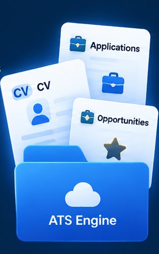 CV, applications and opportunities cards stacked above an ATS Engine folder.