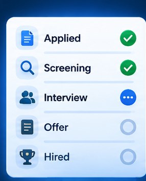An application progressing through applied, screening, interview, offer and hired, with the first two ticked and interview in progress.