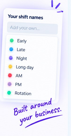A your shift names panel with an add your own field, listing early, late, night, long day, AM, PM and rotation, captioned built around your business.